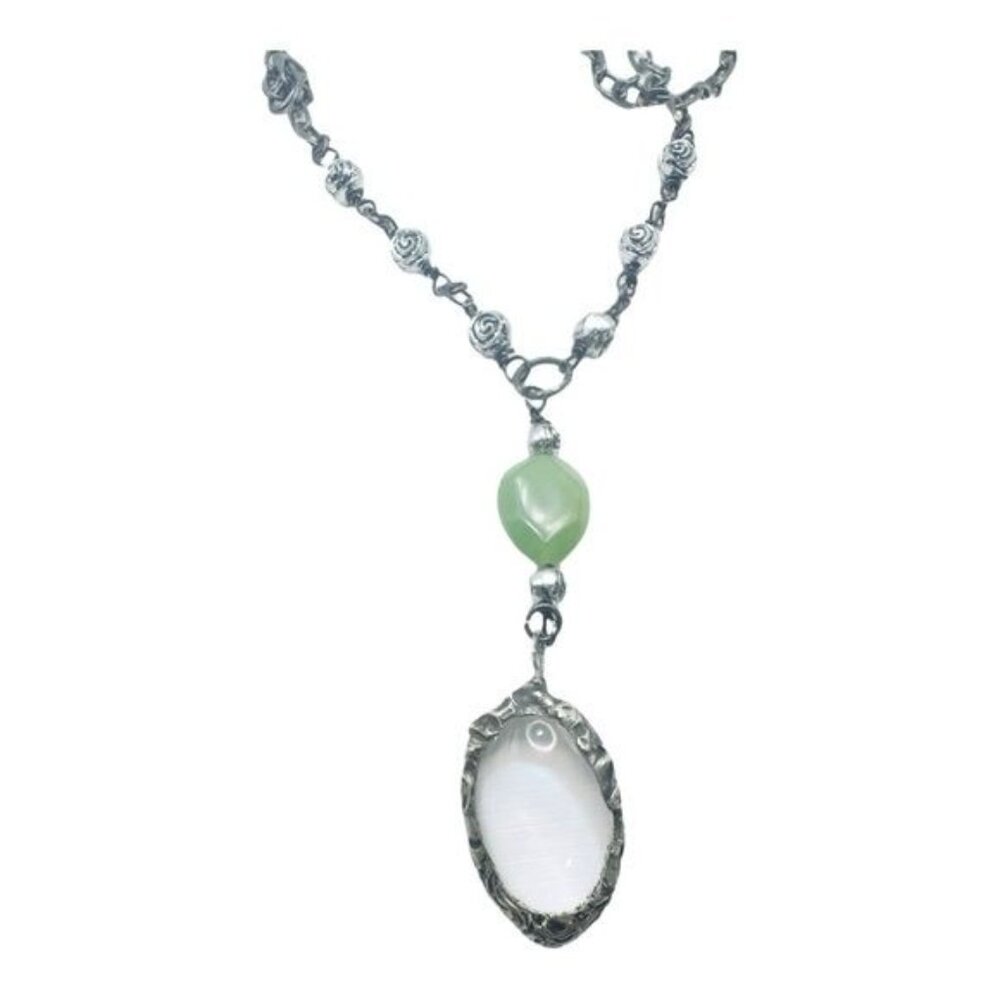 Magnifying Glass Pendant - Jade & Silver Metalwork Artisan Necklace 2" | Alma An - Picture 6 of 13